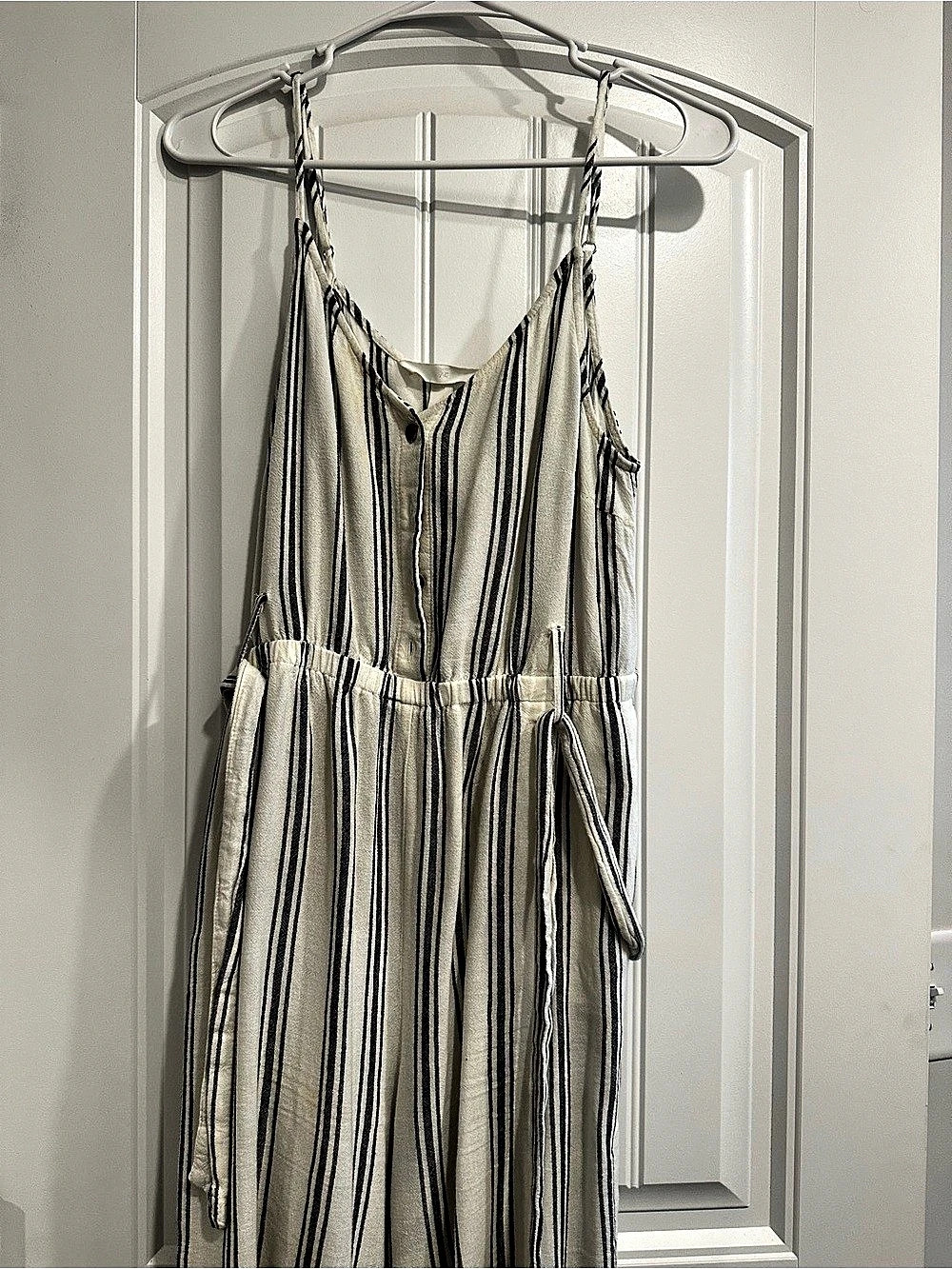H&M Striped Button-Front Jumpsuit Cream & navy Small